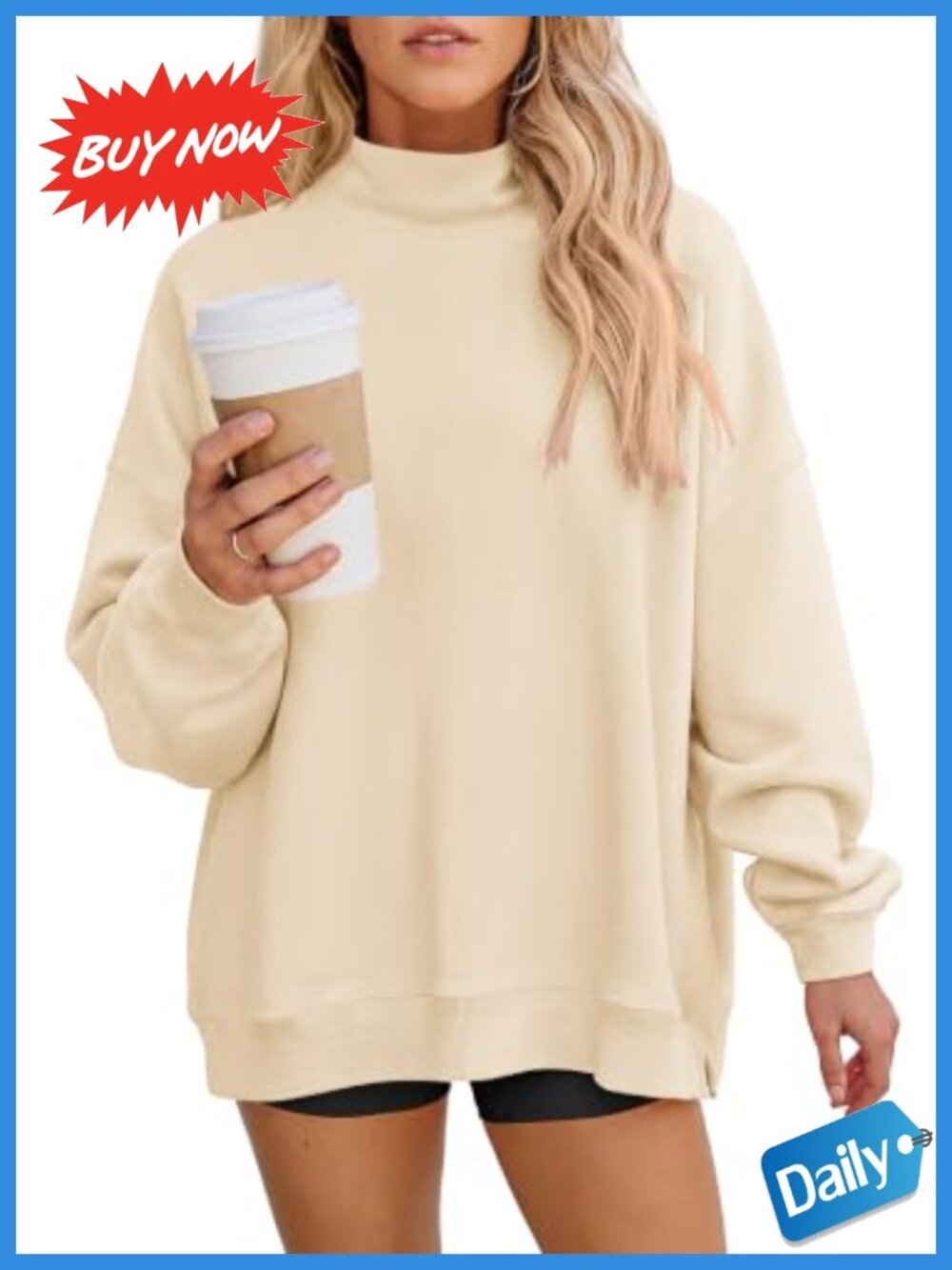 Mock Neck Oversized Sweatshirt Pullover Women Cotton Blend Lightweight
